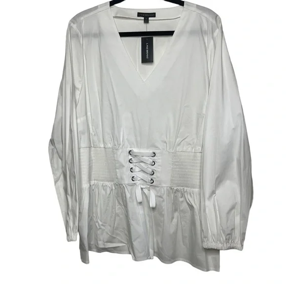 Lane Bryant Size 22 White Cotton Blouse with Corset Tie Waist NWT - Picture 3 of 8